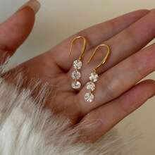 1pc Beautiful Cry~ Sparkling High Carbon Diamond! Mini Exquisite! Niche Design Floating Three Diamond Tassel Ear Hook Light Luxury Earrings For Women - Vàng - Xem 1
