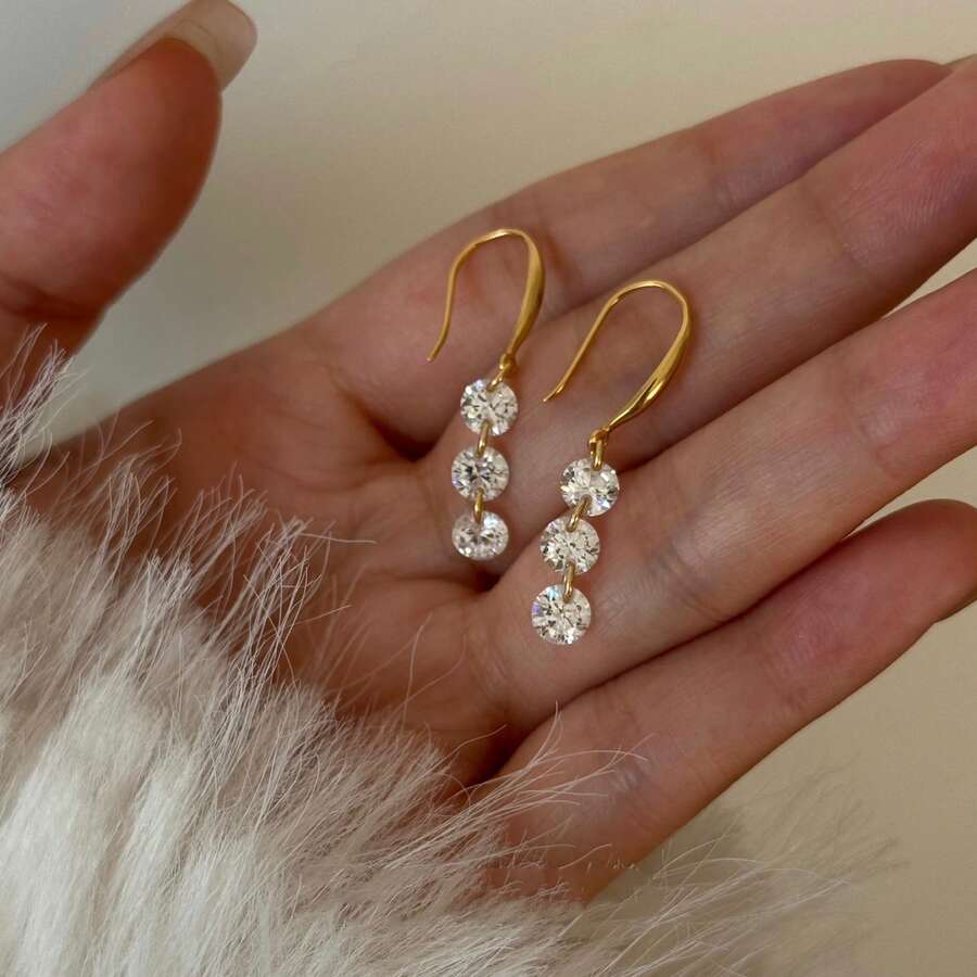 1pc Beautiful Cry~ Sparkling High Carbon Diamond! Mini Exquisite! Niche Design Floating Three Diamond Tassel Ear Hook Light Luxury Earrings For Women - Vàng - Xem 1