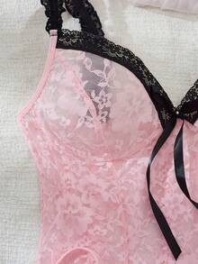 2件套情人节女士性感深V蕾丝透视吊带睡衣套装 - 粉色 - 查看 3