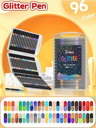 96/72/48/24/10色双头闪光马克笔套装，儿童手绘双色毛笔，闪光绘画笔，粗头软头不褪色珠光闪亮笔，闪光马克笔软头，绘画工具