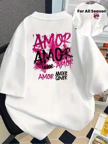 Camiseta gráfica AMOR para hombres y mujeres - Letras rosadas en el frente y atrás, camiseta casual suave para el día de San Valentín, citas, atuendos diarios - Top básico para todas las estaciones con diseño de letras en negrita, camisetas para damas, ropa para citas, ropa casual de moda, camiseta de ajuste cómodo, ropa versátil, moda de , material duradero, camiseta de manga corta, amantes de la moda - Blanco - Ver 7