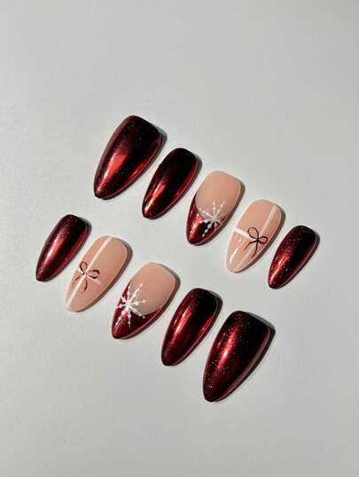 10 Stück rote mandelförmige glänzende Klebenegelnägel, handgemacht, 2025 neue Weihnachtsnägel mit handbemalten französischen Schleifen-Mustern und Winterschneeflocken, abnehmbar, wiederverwendbare künstliche Falschnägel, zeigen sanfte und elegante Ausstrahlung, sehr geeignet für Mädchen und Frauen zum Tragen in Winternägeln