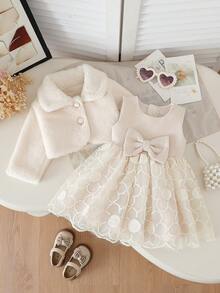 Baby Girls' Cute Solid Color Faux Fur Collar Long Sleeve Single-Breasted Cardigan Paired With Solid Color Round Neck Sleeveless Bow A-Line Mesh Floral Dress With Back Zipper, 2-Piece Fashion Warm Outfit For Toddler Girls, Suitable For Daily, Party, Outing In Autumn/Winter - Apricot - View 1