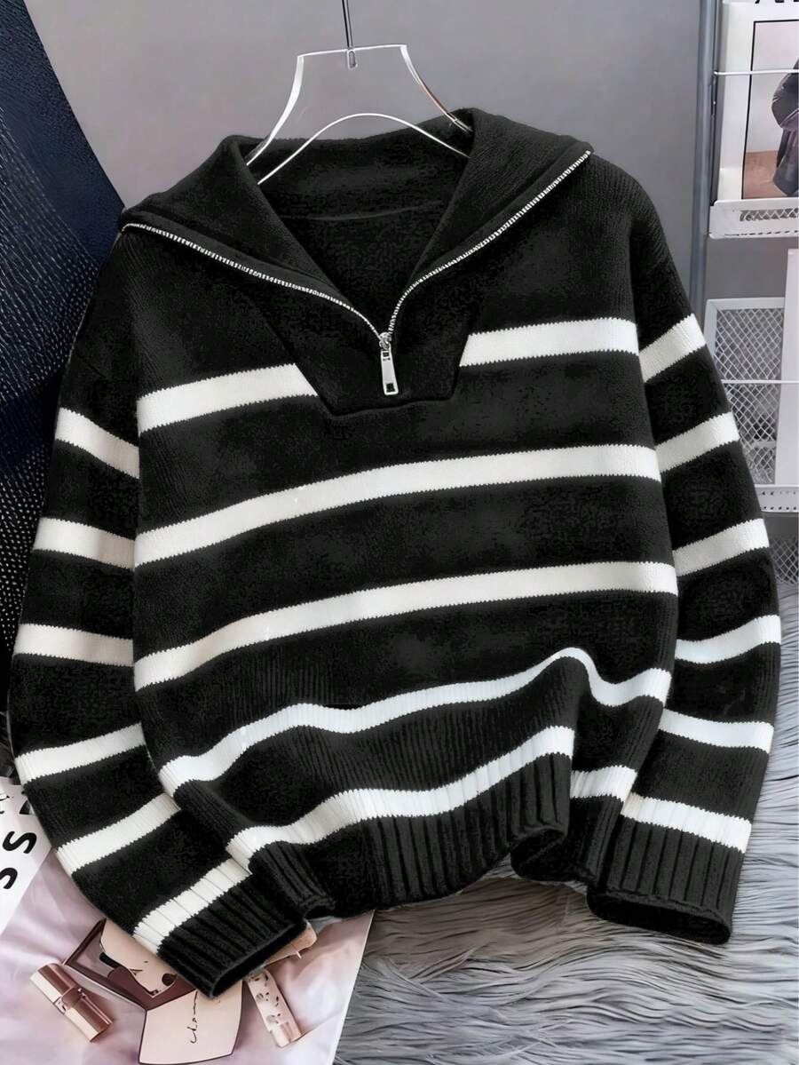 1pc Girls' Teen Fashion Striped Half-Button Front Long Sleeve Warm Knit Sweater Spring Autumn Winter - Black - View 1