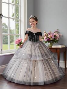 少女无袖仿珍珠水钻亮片网纱优雅华丽舞会礼服，适合生日派对、毕业典礼等场合，不含头饰 - 彩色 - 查看 1