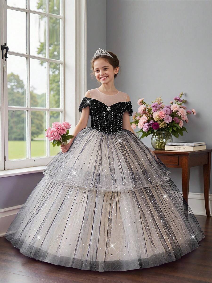 少女无袖仿珍珠水钻亮片网纱优雅华丽舞会礼服，适合生日派对、毕业典礼等场合，不含头饰 - 彩色 - 查看 1