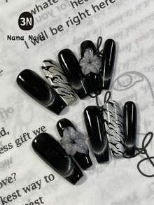 1包/10片装 长款亚克力美甲贴片，长款棺材形手工亚克力美甲贴片 | 黑色猫眼和斑马纹设计，饰有3D立体花卉雕刻 | 大胆吸睛的美甲延长片美甲用品 - 黑與白 - 查看 11