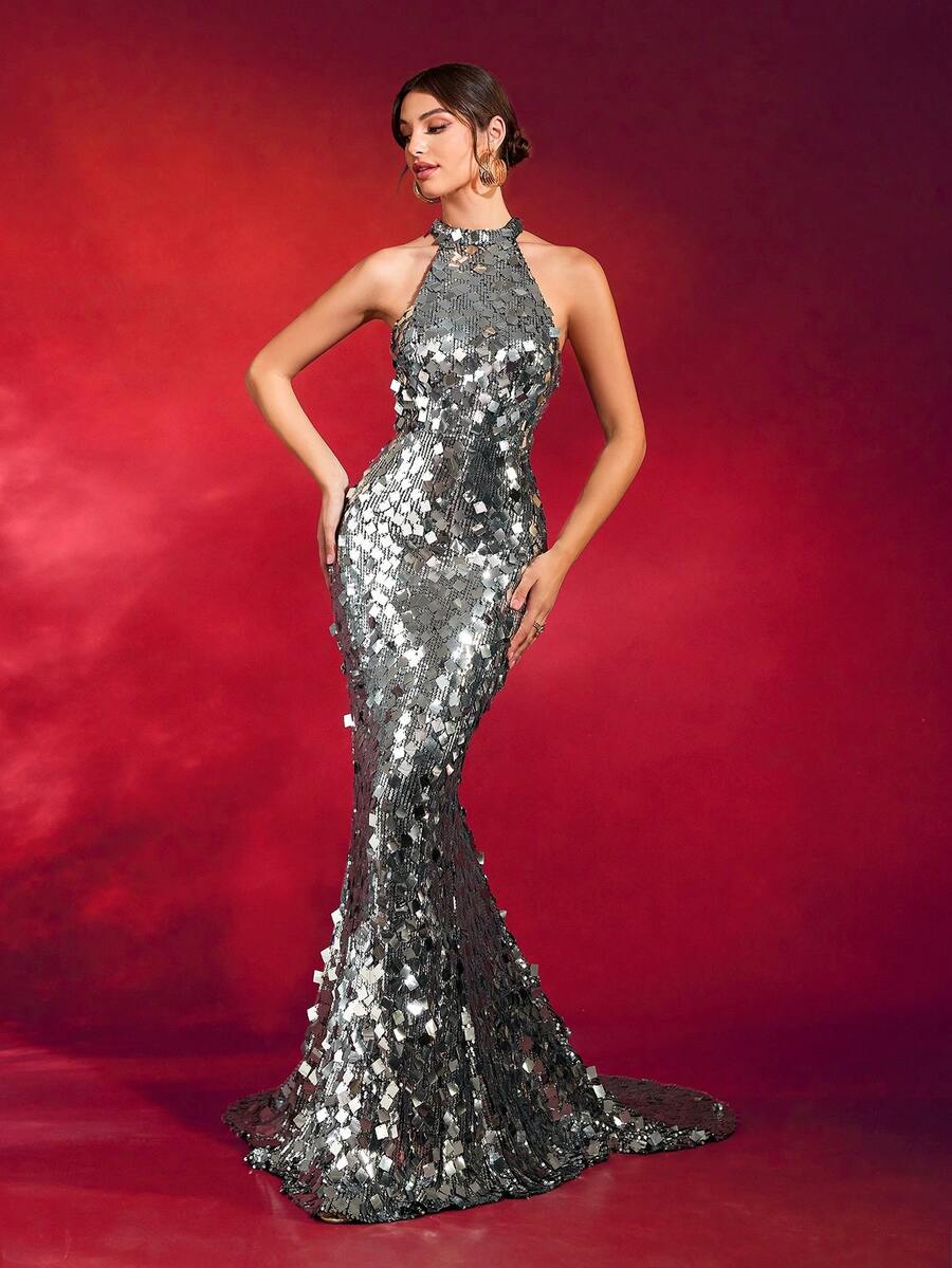 Grey Sleeveless Backless Sequin Maxi Evening Gown - Grey - View 1