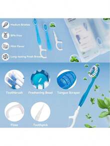 20/10pcs Mini Travel Toothbrush, 5-In-1 Pre-Attached Mini Brush + Floss + Pickaxe + Tongue Scraper, Portable Toothbrush With Fresh Beads - Multicolor - View 12