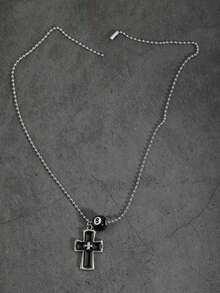Vintage Gothic Melting Cross Billiard Bead Bracelet, Black 8 Numeric Beaded Necklace For Men, Stainless Steel Chain, Hiphop Street Style, Simple & Versatile Cross Pendant Necklace