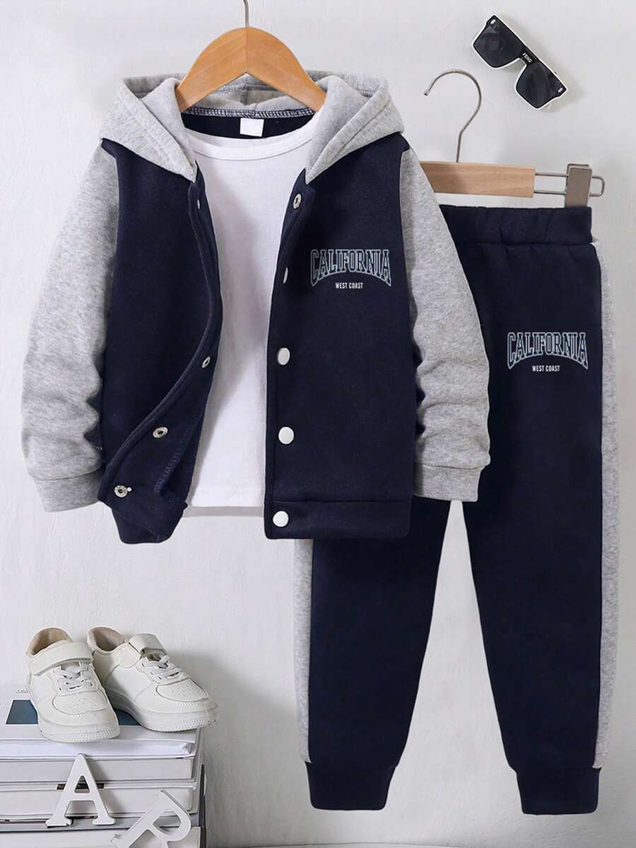 青少年男孩字母印花撞色连帽衫外套和裤子套装