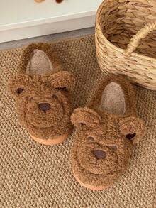 Women's Cute Bear Casual Fluffy Plush Thickened Bottom Slippers, Warm Indoor Couple Shoes For Autumn/Winter