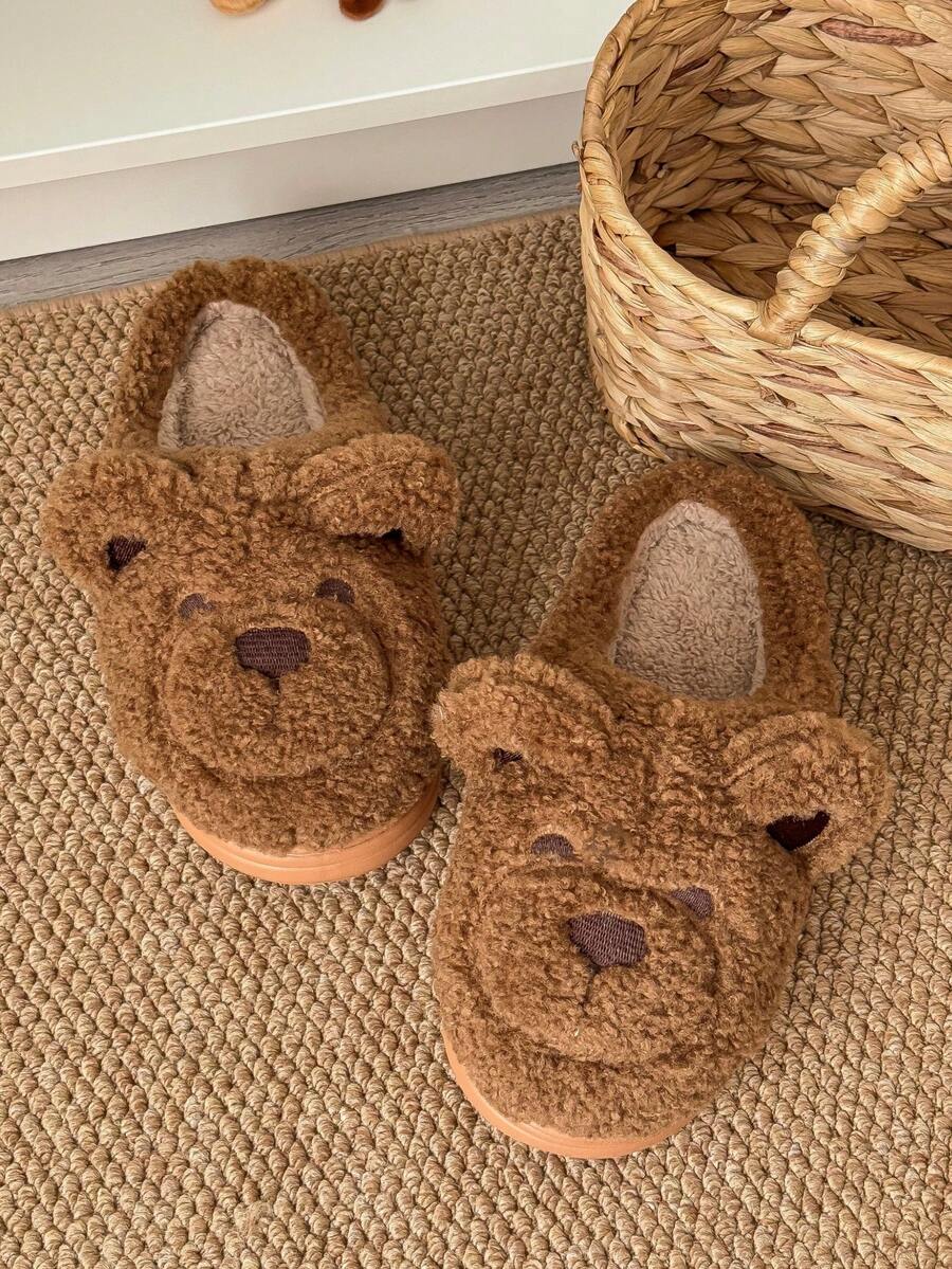 Women's Cute Bear Casual Fluffy Plush Thickened Bottom Slippers, Warm Indoor Couple Shoes For Autumn/Winter