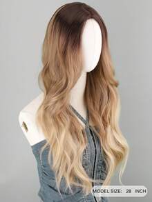 28英寸长波浪假发，渐变金色假发，深色发根，自然卷曲耐热合成纤维假发，适合女性日常、派对、旅行、万圣节、圣诞节、新年狂欢节、音乐节角色扮演等场合。