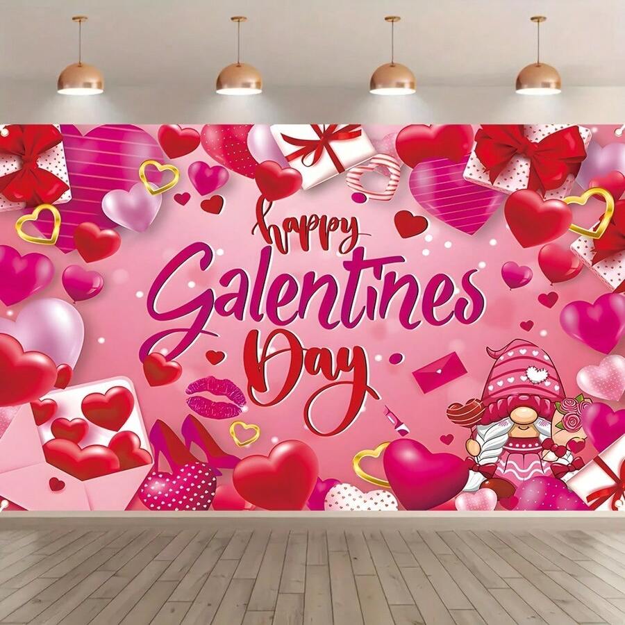 1pc Valentine's Day Party Decoration Flag, Happy Galentine's Day Themed Valentine's Photography Backdrop Flag, Heart Pattern Romantic Valentine's Decor, Durable Polyester Material, Holiday Background, Love Theme, Theme Party, Long-Lasting Sturdy Material, High-Quality Fabric, Decorative Banner, Celebration Banner, Party Organizer - Multicolor - View 1