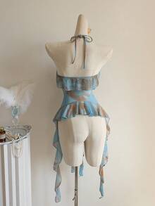 Women's Summer Random Print Ruffle Tie Front Triangle Bikini Top - Multicolor - View 5