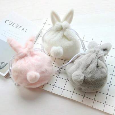 Cartoon Plush Rabbit Makeup Bag, Rabbit Ear Decor Drawstring Storage Pouch, Phone Pouch, Cosmetic Bag, Coin Purse