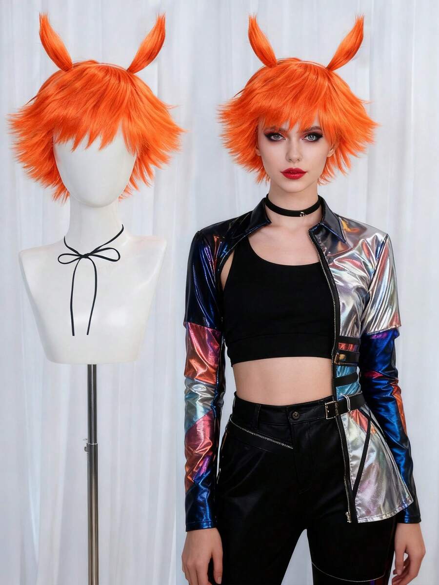 Short Orange Synthetic Straight Bangs Wig With Plush Horn Hair Hoop Men Women, Halloween Party Costumes, Christmas Gatherings, Anime Cosplay, Birthday Celebrations, Shows & Themed Events, Soft & Breathable Wig For Daily Fashion & Festival Use​, Stylish & Easy-Care & Durable & Easy To Style & Comfortable To Wear​, Ideal Choice For Gifts, Stage Props Decors - Multicolor - View 1