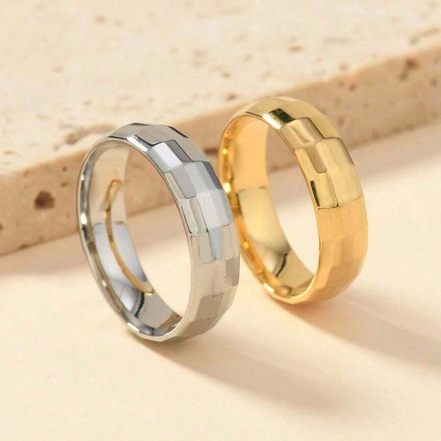 Fashionable And Minimalist Punk Stainless Steel Spherical Rectangular Bamboo Ring Titanium Steel Men's And Women's Jewelry - 銀色 - 查看 1