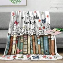 GEL HUT MUN 1件舒适书虫法兰绒毯 - 学术花卉书籍印花设计，柔软保暖，四季皆宜，适合家居装饰、露营、旅行 - 送给读者、挚友和家人的完美礼物，温馨家居装饰 | 充满想象力的书籍设计 | 柔和色调毯子，书虫礼物 - 咖啡棕 - 查看 5