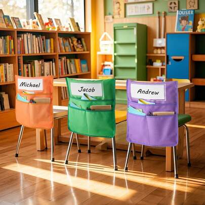 Chair Pockets For Classroom, 24 Pack, 18 X 20 Inches Chairback Buddy Pocket With Name Tag, 6 Bright Colors, Back Of Chair Organizer For Kids In Classroom, Kindergarten, School, And Home
