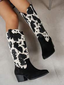 Women's Fashion Slope Heel Embroidered High Boots Side Zipper Fashion Show Western High Boots  Synthetic Fiber None Holiday - Kết cấu bơ đen - Xem 4