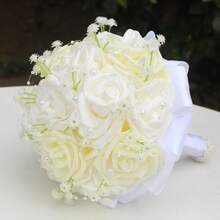 1 باقة وردية عاجية ذات سماء نجمية رومانسية مع شريط ساتان مخرز، باقة عروس ريفية للزفاف والوصيفات وحفل الحديقة، باقة وردية من رغوة البولي إيثيلين الاصطناعية، ملحقات عيد الحب الخالدة PE5117T