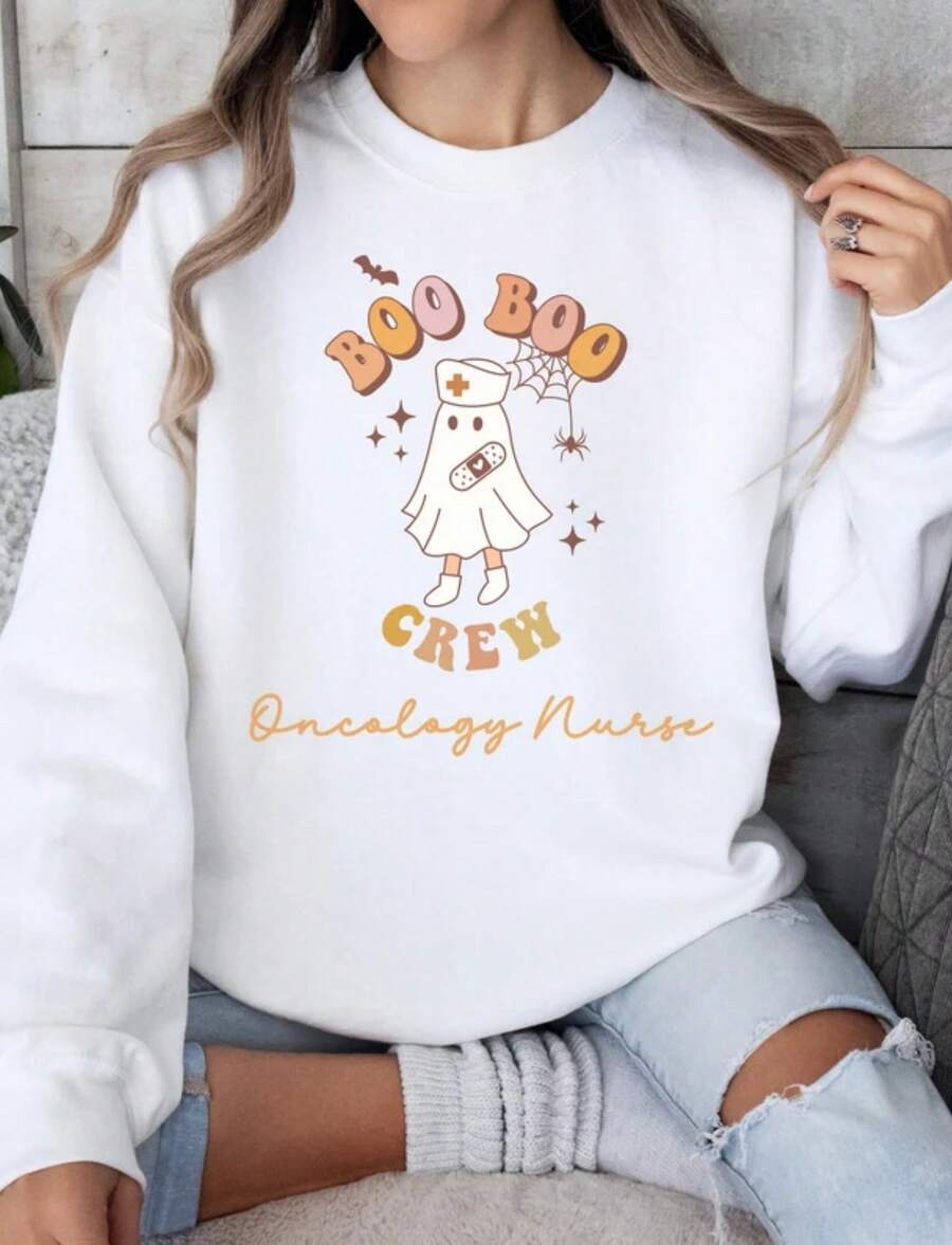 Oncology Nurse Halloween Sweatshirt, Boo Crew Design, Spooky Halloween Nurse Shirt Gift - trắng - Xem 1