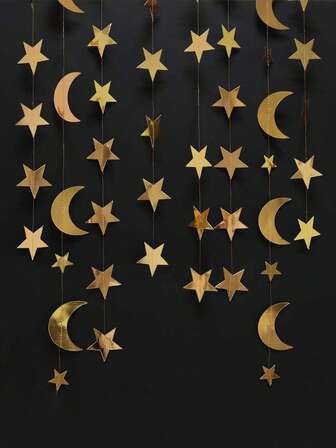 4套星月旗帜套装，斋月吊坠，金色月亮星星花环，斋月装饰，闪亮小星星，月亮主题生日派对装饰，毕业典礼装饰，星空新年横幅，悬挂星星，婴儿派对，开斋节装饰