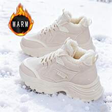 Một đôi bốt đi tuyết ngoài trời thông thường dành cho nữ, mũi tròn, buộc dây, chống thấm nước, có lớp lót ấm áp, cổ cao, thích hợp mặc vào mùa đông. Bốt đi tuyết thể thao thông thường dành cho nữ, mũi tròn, chống thấm nước ngoài trời, đế dày mùa đông. - Cơm trắng - Xem 1