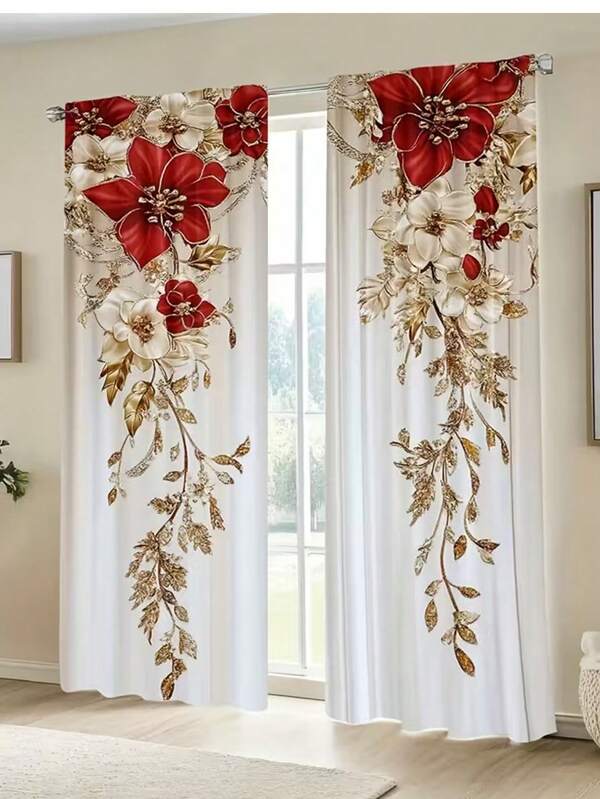 2pcs Light Luxury Diamonds, Three-Dimensional Floral Decoration, Sweet Purple Tone, Suitable For Wearing Rods, 3D Digital Printing Process, General Curtain Fabric For Living Room, Bedroom, Balcony Study