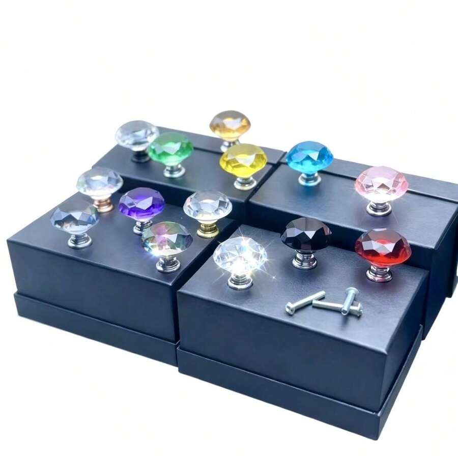 Diamond Handle Set, Multi-Color Options To Enhance Home Decor, Transparent Crystal Handles, Diamond Cut Face Drawer Cabinet Door Pulls, Single Hole Wardrobe Cabinet Handles - Multicolor - View 1