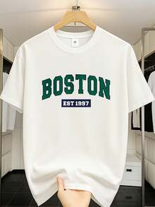 Men's Graphic T Shirt, Boston EST 1997 Print, Casual Streetwear, Short Sleeve Cotton Tee For Men, Fall And Summer Men Clothes, Comfortable And Breathable - 白色 - 查看 1