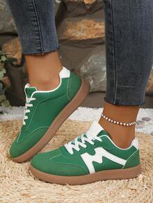 Women's Casual Versatile White Striped Accent Sneakers, Fashion Attractive Comfortable Durable Rubber Soft Sole Athletic Shoes, Breathable Lightweight Patchwork Sports Shoes For Women - 綠色 - 查看 1
