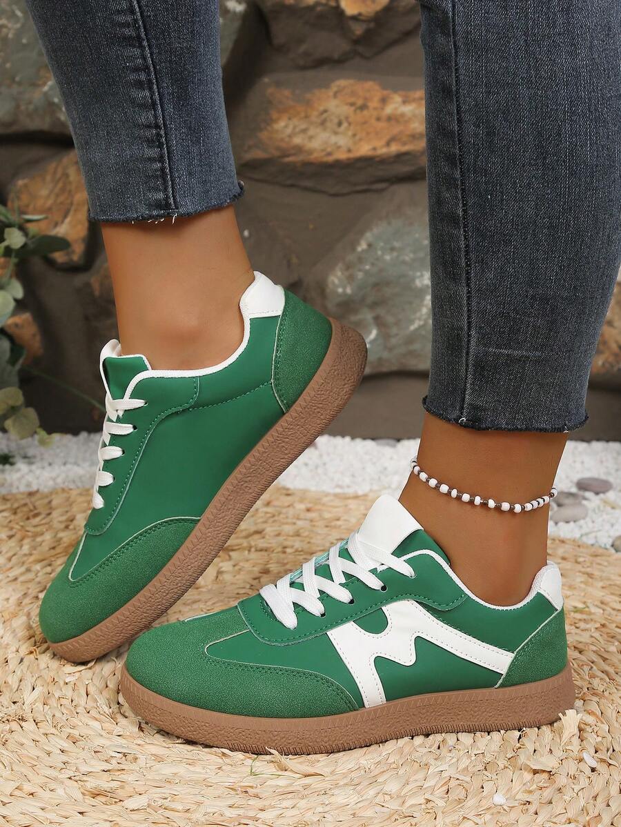 Women's Casual Versatile White Striped Accent Sneakers, Fashion Attractive Comfortable Durable Rubber Soft Sole Athletic Shoes, Breathable Lightweight Patchwork Sports Shoes For Women - 綠色 - 查看 1