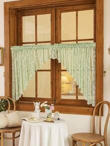 1pc Premium Lace Ruffle Sheer Curtain Panel, Elegant Design With Flower Trim Small Window Valance - Green - View 3