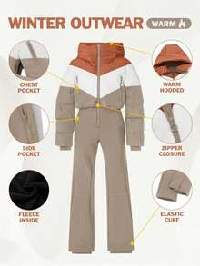 Fisoew Thermal Snowsuit For Women, Waterproof One Piece Ski Suit, Cold Weather Outdoor Gear | Winter Ski Wear | Winter Snowboarding Jumpsuit - 駝色 - 查看 6