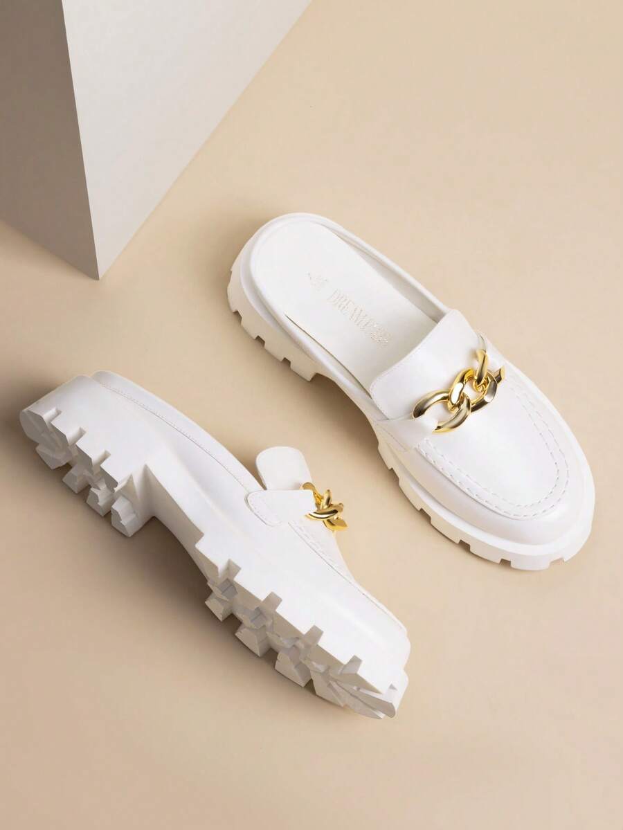 Women Mules Slippers Chunky With Gold Chain Decor Slip On Platform Thick Comfortable Fashion Classic Loafers Flat Slides Shoes - 白色 - 查看 1