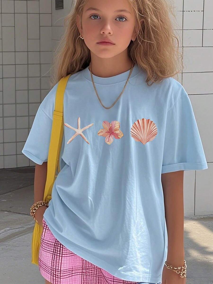 1pc Girls Casual Shell Graphic Print Round Neck Short Sleeve T-Shirt, Summer Student Youth Clothing - Shell Art Style T-Shirt Inspires Imagination And Self-Expression