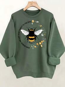 Bee Print Sweatshirt, Long Sleeve Crew Neck Casual Sweatshirt For Fall & Spring, Women's Clothing Christmas Outfit Women Christmas Sweatshirt Fall Clothes For Women Winter Clothes For Women Christmas Decor - 橄欖綠 - 查看 1