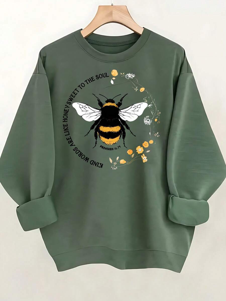 Bee Print Sweatshirt, Long Sleeve Crew Neck Casual Sweatshirt For Fall & Spring, Women's Clothing Christmas Outfit Women Christmas Sweatshirt Fall Clothes For Women Winter Clothes For Women Christmas Decor - 橄欖綠 - 查看 1