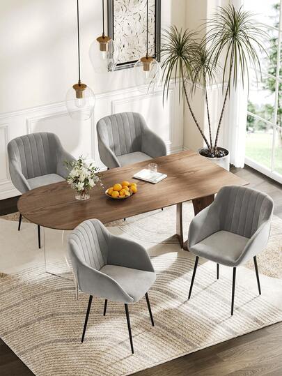Goeurvant Contemporary Vertical-Stripe Upholstered Dining Chairs With Armrests & Metal Legs For Dining Room, Kitchen, Living Room - Set Of 2 / Set Of 4 / Set Of 6 - Light Grey