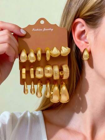 1-18件套金色耳环套装，女士款，优雅可叠戴，贝壳水滴小C款，情人节、圣诞节、新年、感恩节礼物，送给妈妈、女朋友