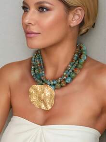 多层串珠项链，带有复古锤纹金色吊饰，适合日常、派对和节日佩戴 - 彩色 - 查看 2