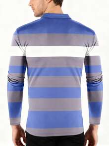 男士长袖休闲运动时尚拼色条纹Polo衫，秋冬半拉链Polo领高尔夫Polo衫 - 藍白色 - 查看 2