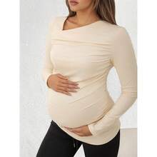 Top à manches longues asymétrique avec fronces au cou pour femmes enceintes, en tissu polyester extensible, ourlet régulier - Nude - Voir 7