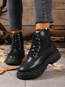 Round Toe Thick Sole Versatile Women Ankle Boots, 2025 Autumn/Winter New Lace-Up Retro Platform Slim Commuting Dress Casual Fashion Boots - Black - View 1