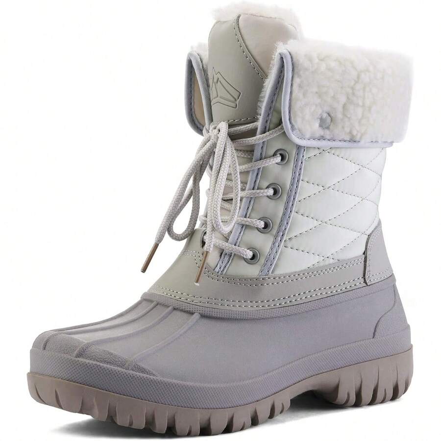 PENNYSUE Women's Waterproof Insulated Snow Boots, Warm Lace Up Mid Calf Duck Boots For Outdoor And Winter Wear - 淺灰色 - 查看 1
