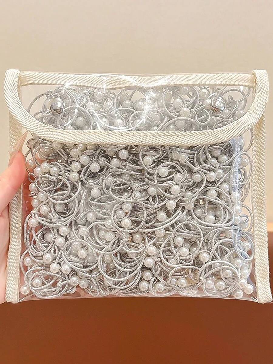 20个甜美酷炫的银色蝴蝶结弹力发圈，珍珠拇指发圈，可爱韩版发圈，不伤发马尾辫发带，时尚发饰，适合女孩日常佩戴和派对 - 彩色 - 查看 1