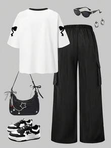 Tween Girls Numeric Print Short Sleeve T-Shirt And Cargo Pants Set - White - View 2